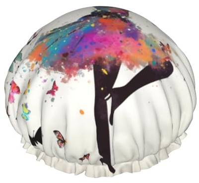 Bonnet de douche imperméable double couche imprimé papillon pour fille – Masque de bain réutilisable pour voyage, soins à domicile et routine de beauté