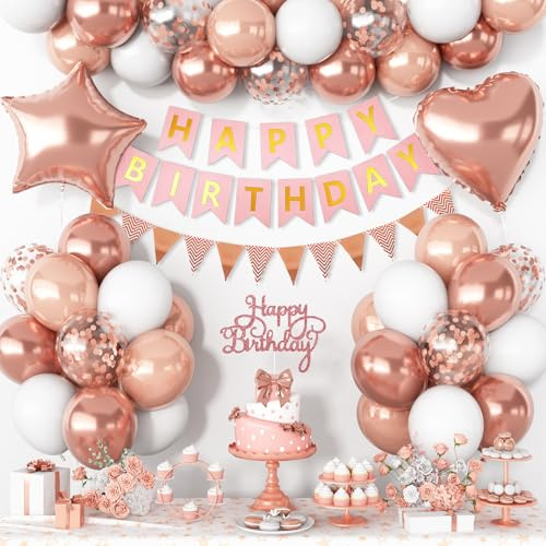 Geburtstagsdeko Mädchen Frauen, Geburtstagsdeko Roségold Weiß, Deko Geburtstag Mädchen,Geburtstagsdeko Luftballons Rosegold Helium Ballons, Happy Birthday Banner für Geburtstag Frauen Mann Mädchen