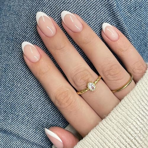 32 Pieces Short False Nails - Elegant White Edge Press on Nails Almond - Soft Gel Nude Color French Tip False Nails - Natural Stick on Nails for Women,16 Sizes