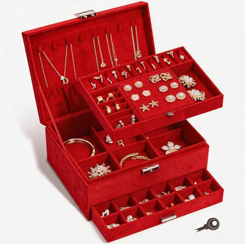 Schmuckkästchen, Schmuckkasten mit 3 Ebenen, Samt Schmuckaufbewahrung, Schmuckbox mit Schloss, Schmuckschatulle für Uhren, Ringe Ohrringe Halsketten, Geschenkidee für Mädchen Frauen (Rot)