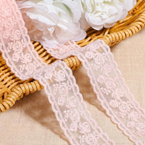 5 Yards Pink Lace Ribbon, 3cm Wide Cotton Lace Trim, Floral Embroidered Ribbon, Vintage Pink Laces Fabric, Decorative Trim for Sewing DIY Crafts Wedding Decor Home Decoration