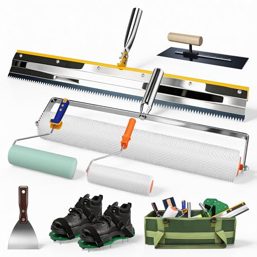 Kit d'outils professionnel pour sol auto-nivelant et époxy, Kit d'outils de ciment auto-nivelant,rouleaux d'aération, spatule à enduire, rouleau en peau d'agneau et sac de rangement en toile