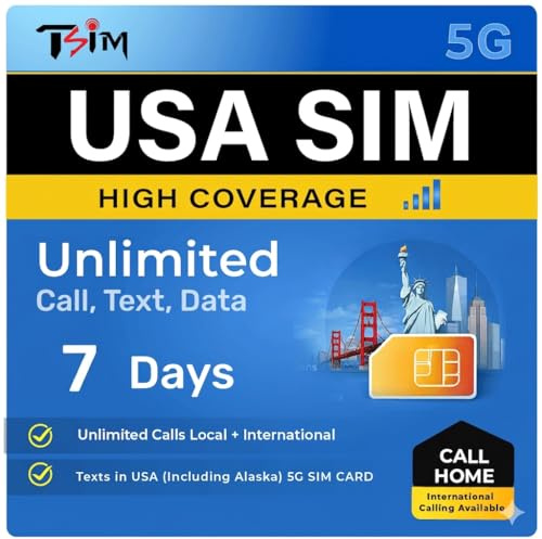 TSIM USA SIM Card 7 Days with Call Home | High Coverage | Unlimited Data on AT&T Network | Unlimited Local + International Call/Texts in USA (including Alaska) 5G SIM Card!