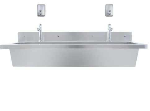 Lavabo a Canale da Parete in Acciaio Inox 120 cm (1200 mm) Professionale con Miscelatore, Rubinetti Push, Paraschizzi, Scarico Inclinato e 2 Dispenser Sapone da 500 ml