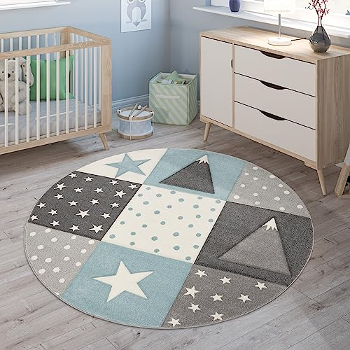 Paco Home Kinderteppich Teppich Kinderzimmer Junge Mädchen Pastell Modern Kariert Punkte Mond Sterne Weiß Grau Blau, Grösse:Ø 120 cm Rund