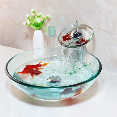 HM HomeMieco Clear Bathroom Sink Hand Painting Gold Fish Tempered Glass Vessel Sink Basin with Waterfall Faucet and Drain Combo,16Round Glass Bowl Sink Above Counter Clear Bathroom Vessel Sink Set