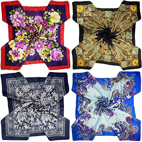 LilMents 4 Mixed Designs Large 35 × 35 Square Polyester Satin Neck Head Scarf Scarves Set (Set Y19