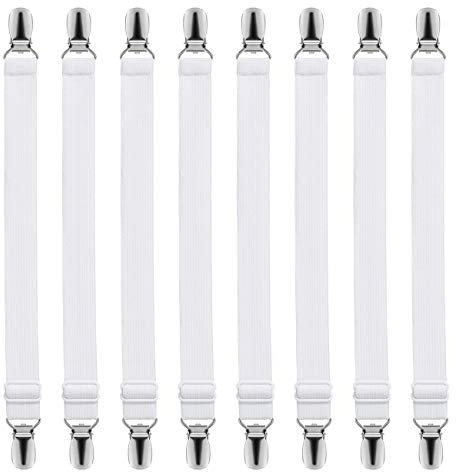 LIHAO 8 Stück Betttuchspanner Verstellbar Bügelbrettbezug Spanner für Bettlaken Weiß Bettlakenspanner mit Metallclips Lakenspanner Matratze Bügelbrett Sofa Bügeltischspanner (MEHRWEG)