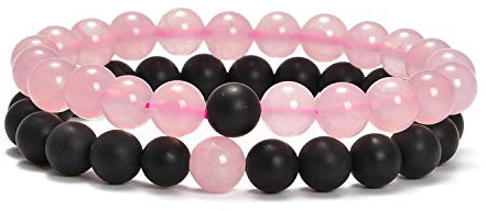 AD Beads 2Pcs His & Hers Distance Beads Bracelets Elastic Natural Stone Yoga Bracelet (Matt Black Agate+Rose Quartz)