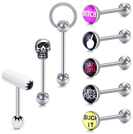 Funseedrr 5-8stk Zungenpiercing Zunge Barbell Set 14G Edelstahl 16mm Stab Piercing Punk