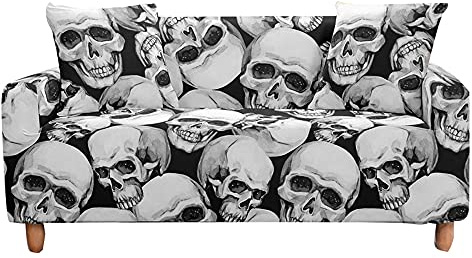 FANSU Stretch Sofabezug mit Armlehnen - 3D Schädel-Serie Bedruckter Antirutsch Sofabezug Haus Dekoration, L Form Sofabezug/Couchbezug/Sesselbezug (Grauer Schädel,3 Sitzer)
