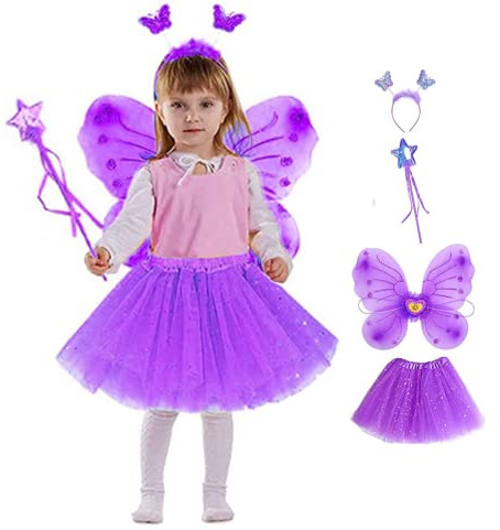 Disfraz Hada Niña, Vestido Princesa Mariposa con Alas Falda Tutú Varita Diadema, Disfraces Ángel Niñas para Uso Diario Fiesta Cumpleaños Puesta Escena Cosplay Navidad, Regalo Niñas 3-10 Años (violeta)