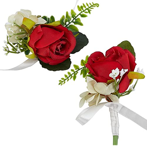 craspire Handgelenk-Set Mit Roter Rose Im Knopfloch, Künstliche Hochzeit Boutonniere Seidenarmband, Ansteckblume Knopflöcher Rose Handgelenk Corsage Bräutigam Und Bräute Für Hochzeitszeremonie