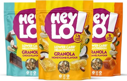 HeyLO Low Carb Keto Granola Variety Pack, 1-1.9g Carbs per Serving | Low Sugar, High Fibre, Blood Sugar Management, Vegan, Gluten-Free, 3 x 360g (Cocoa, Honeycomb & Caramel)