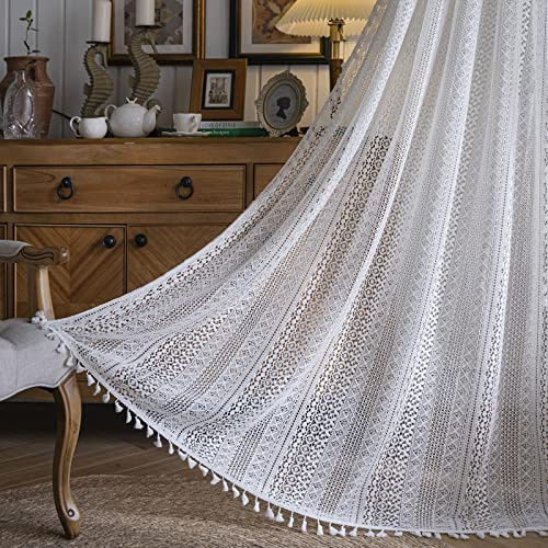 Sutuo Home gehäkelte Boho-Vorhänge, ca. 213 cm lang, transparente Spitze, handgefertigte Quasten, gestrickt, Fensterdekoration, Vintage, rustikal, Boho-Stil, Landhaus-Vorhang für Schlafzimmer