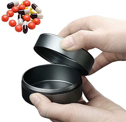 Pillendose Klein für Unterwegs, Metall Wasserdicht Mini Pillenbox, Tragbare Rund Tablettenbox für Unterwegs, Antibabypille Pillenetui Outdoor Notfallkapsel Tablettendose