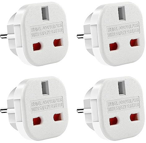 4 Stück Reiseadapter, UK auf DE Adapterstecker, Adapter UK auf EU, 3-polig UK Reiseadapter auf 2-polige EU-Steckdose für Frankreich, Irland, Niederlande, Polen, Schweden - Weiß