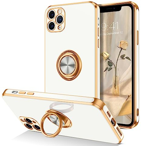 DOMAVER Case for iPhone 11 Pro Max with 360° Ring Holder, Shockproof Slim Kickstand Magnetic Support Car Mount Women Men Non-Slip Protective Phone Case for iPhone 11 Pro Max 6.5, White/Gold