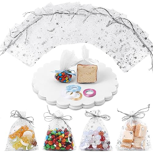 Giloty Hochzeit Organzasäckchen Set 100 Stück, Kleine Organzasäckchen 7x9cm, Runde Geschenkbeutel und 2 Rollen Farbband, Organzabeutel mit Kordelzug für Schmuckbeutel, Festivalparty