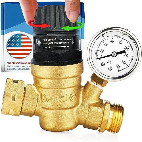 Renator RV Water Pressure Regulator for RV Camper. Brass Lead-Free Adjustable Water Pressure Regulator with Gauge for Camper Travel Trailer, Reducer Valve W Filter. M22-0660R.