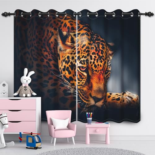 SDOTPMT 107x160cm Wilde Leopard Fenster Vorhang Afrikanische Safari Tiere Fenster Vorhänge Dschungel Wildlife 3D Druck Fenster Behandlung für Jungen Schlafzimmer Dekor Verdunkelung Vorhänge,2 Panels