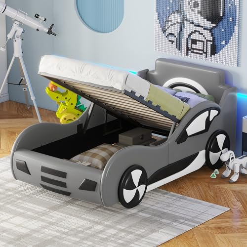 Merax Kinder Autobett Kinderbett 90 x 200 cm, Auto-Modellbetten, Einzelbett mit Lattenrost und Bettkasten, Spielbett für kleine Rennfahrer Jungen und Mädchen, PU-Oberfläche, bis 250KG, Grau
