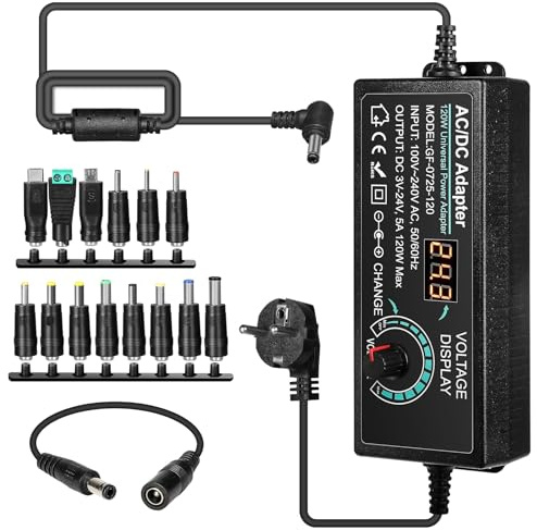 Dewin - Adaptador de Corriente Universal, Adaptador de alimentación Ajustable, Adaptador de Corriente CA de conmutación Variable, 100 V-240 V CA a CC 3 V-24 V 5 A, alimentación Universal 120 W