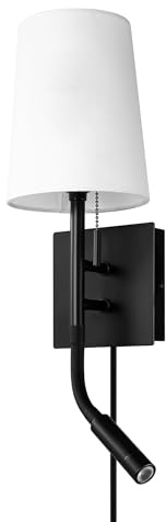 Globe Electric 1-Light Plug-in or Hardwired Wall Sconce with LED Integrated Reading Light, USB-A Port, USB-C Port, Matte Black, White Fabric Shade, On-Off Pull Chain and Rocker Switch