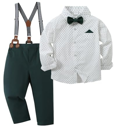 Amissz Jungen Gentleman Anzug Outfit, Kinder Festival Bekleidungsset Langarm Fliege Hemd + Hosenträger Hosen Taufanzug Hochzeitanzug Festanzug Weiß 8-9 Jahre
