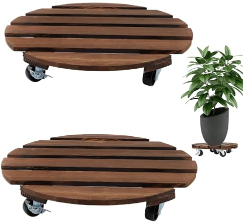 BURNTROP 2 Pack Wooden Plant Stands with Wheels, Outdoor & Indoor, Heavy Duty Rollers with Brakes
