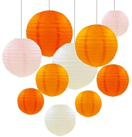 ZYOOO 10 Stück Orange Beige Papierlaterne Lampion rund Lampenschirm (Set 4 Farben à 25cm, 20cm, 15cm, 10cm) Lampions für Hochzeit, Gartenparty, Bride to Be Deko, Herbst Deko