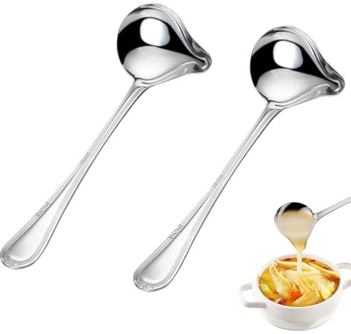 2 Stück Saucenkelle mit Ausgießer, Soßenlöffel mit Ausgießer Länge 20cm, Spiegelglänzend Edelstahlsauce Nieselregenlöffel, Elegant Silber Soßenkelle, Saucenlöffel für Dressings Suppensoßen Bratensoßen