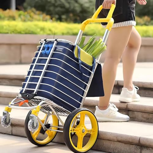 ICEMOB Folding Shopping Trolley with Brake,Aluminum Alloy Grocery Trolley,Heavy Duty Stair Carts,Adjustable Height,Portable Shopping Cart,360° Swivel Wheels