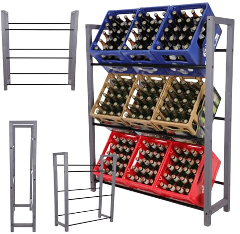 MODO24 Getränkekistenregal RSO Holz und Metall, Stabil, Kistenregal für 9 Kisten, Getränkeregal, Kistenständer, Freistehend, Kistenhalter, Kellerregal, Lagerregal, 137,5x32x111,5 cm, Grau/Schwarz