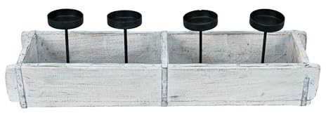 finehomegarden Kerzenhalter Rustik weiß Holz Ziegelform mit 4 Kerzenhaltern Advent Holzkiste 56x15cm H16cm