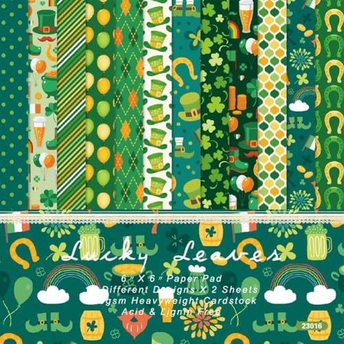 craspire 24 Stück Saint Patrick Scrapbook Origami Bastelpapier 6 x 6 einseitig Grünes Vierblättriges Kleeblatt Dekoratives Bastelpapier für Tagebücher