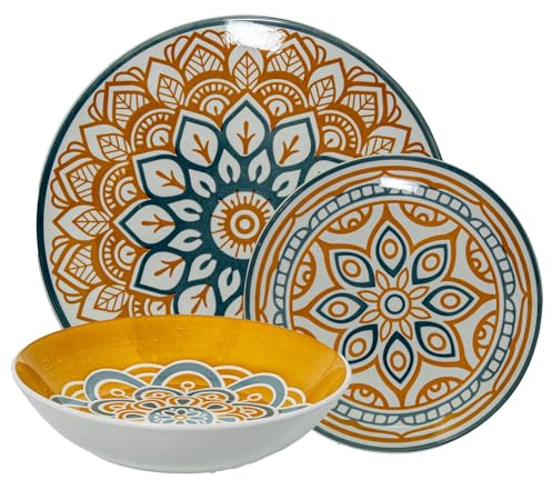 DRW Service de table 18 pièces en porcelaine Mandala jaune et bleu 26 x 6 x 26 cm