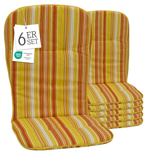 Beo Hochlehner Auflagen 6er Set Waschbar Kos | Made in EU nach Öko-Tex Standard | Atmungsaktive Gartenstuhlauflagen Hochlehner | UV-beständige Auflagen Hochlehner mit Streifen in Gelb-Orange-Weiß