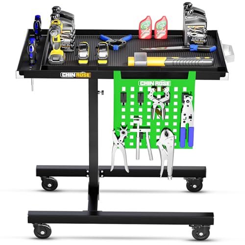 Adjustable Height Mobile Work Table with Rolling Wheels, Rolling Tray Table for Mechanics, Garages, Repair Shops, Warehouse, Workshop, and DIY