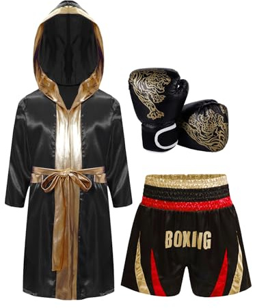 Moggemol Kids Boys Girls 3Pcs Boxing Suit Satin Belted Hooded Robes with Boxer Shorts Tiger Printed Gloves Set