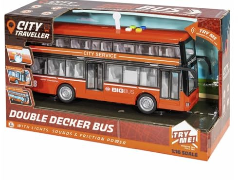 SN City Double Decker Bus Toy, 1:16 Scale, Red, with Lights, Sounds and Friction Power