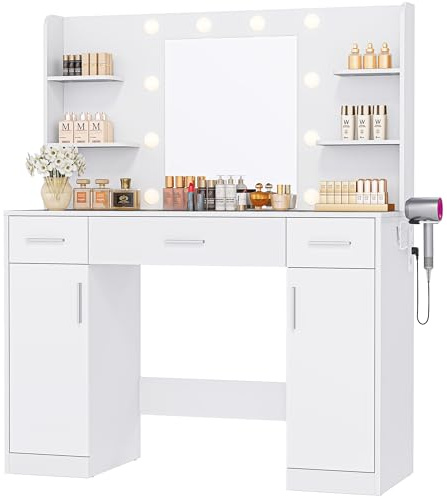 DUMOS Vanity Desk Makeup with Mirror LED Lights, White Table with Power Outlet 3 Drawer, 4 Storage Shelves & 2 Cabinets, 3 Lighting Modes & Adjustable Brightness, Dressing Tables for Bedroom