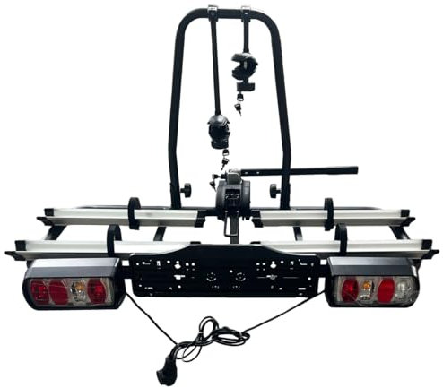 GEPCO Portabicicletas para 2 bicicletas eléctricas de hasta 60 kg para enganche de remolque, plegable, con cerradura, con luz trasera E4 TÜV premontada, soporte de embrague de aluminio para transporte