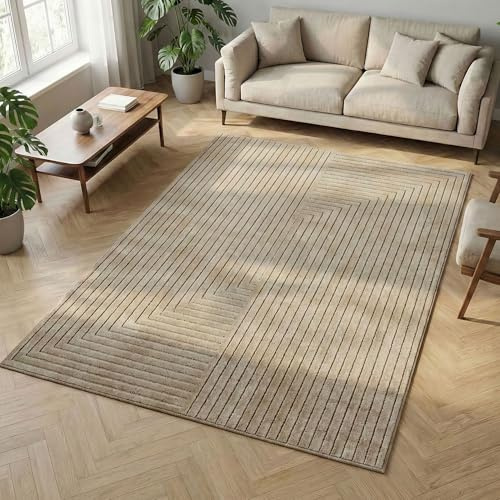 Carpetsale24 Tapis 280x370 cm XXL Beige, Poils Courts Effet 3D Relief, Design Bohème Scandinave, pour Grandes Pièces Intérieur Extérieur