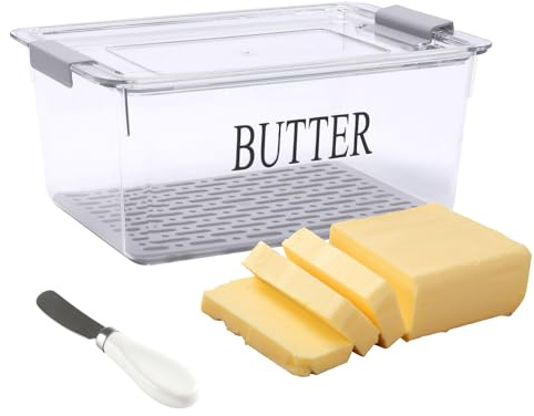 Yomjarl Butter Dispenser Box for Refrigerator,Butter Dish with Airtight Lid,BPA Free Butters Sticks Container with Butters Knife for Countertop kitchen decor and accessories,Clear Fridge Storage Box