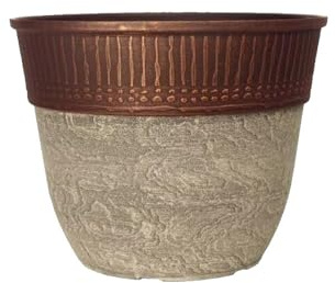 Stone Look Plastic Plant Pot – Large Round Outdoor Garden Planter with Modern Copper Rim Design, Drainage Hole, Weatherproof – Indoor & Outdoor Flower Pot for Plants (Ceramic White - 38cm x 1Pack)