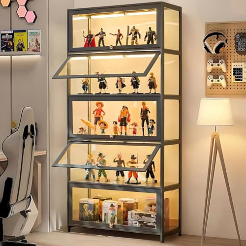 llekondkf Fünf Stockwerke Vitrine aus Acrylglas, Glastür, Acryl Vitrine, Glastür Schrank, Glas Vitrinenschrank, Bücherschrank mit Türen, für Wohnzimmer Schlafzimmer Büro (Graue Klappversion)