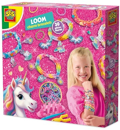 SES Creative Unicorn Loom Bracelet Set – 600 Bands, Beads, Glitter Unicorn Charms & Weaving Tools – DIY Jewellery Craft Kit for Kids