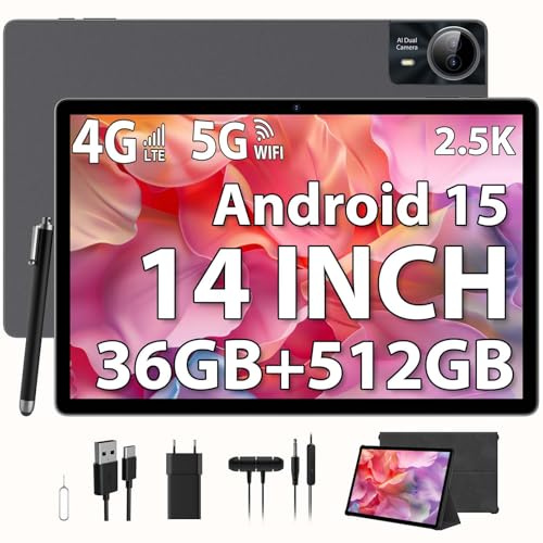 PIXGOOD 2.5K Android 15 Tablette 14 Pouces, 36GB RAM+512GB ROM (Extension 2TB), 4G Lte/5G WiFi, INCELL 2240 x1400, 11580mAh, Octa-Core, 13MP+8MP, Tablette Tactile avec étui/GPS/Bluet 5.0 (Gris)