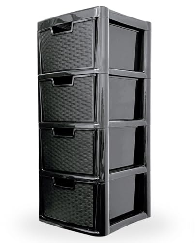 KYY'Z Large Drawer Storage Unit Tower Rattan Effect Large Organizer Chest Tower Unit Cabinet Trolley Home Bedroom Kitchen Office School Garage 39D x 39W x 80H cm (Black, 4 Tier)